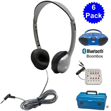6 pack of bulk school headphones with Bluetooth® boombox for educational use in classrooms.